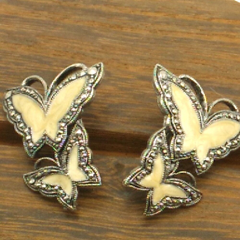 AVON WHISPERING WINGS Butterfly Clip-on Earrings Enamel Faux Marcasite Silver